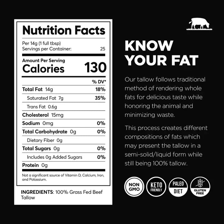Grass Fed Beef Tallow Canadian, Paleo, Keto |12 oz, 355ml